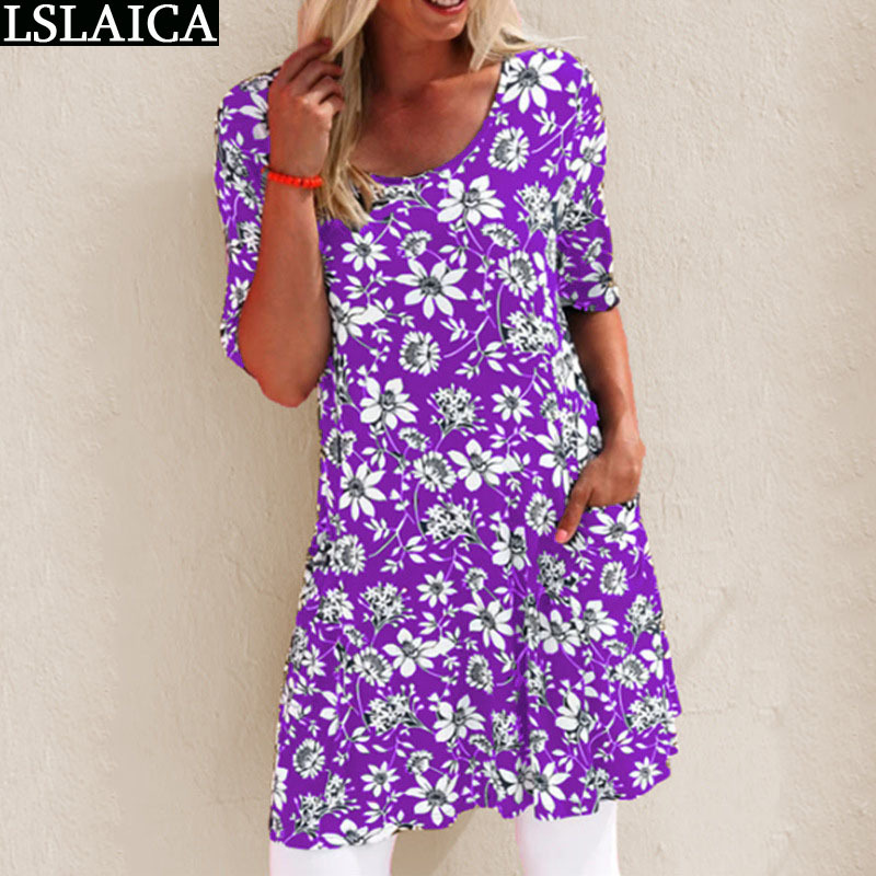 

Casual Print Women Dress Summer Half Sleeve Round Neck Four-Color Loose Beach Home Sukienka Na Lato 210520, Red