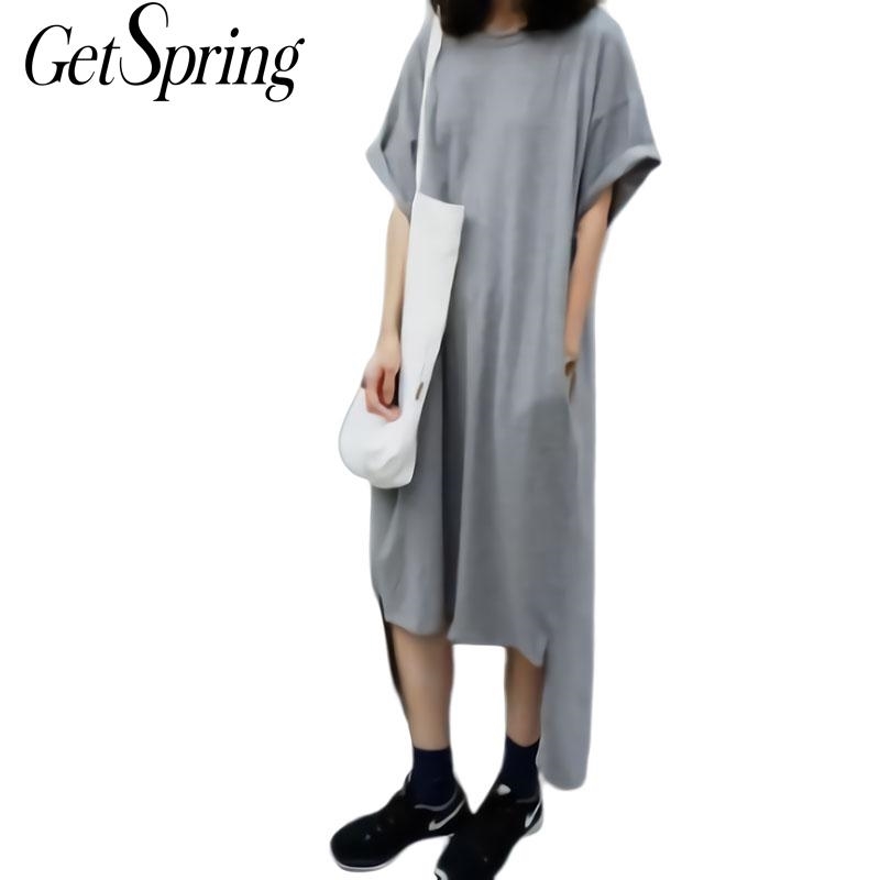 

GETSRING Women Dresses Cotton Short Sleeve Asymmetry Hem Long Tshirt Solid Loose Leisure Summer Plus Size 210601, Blue