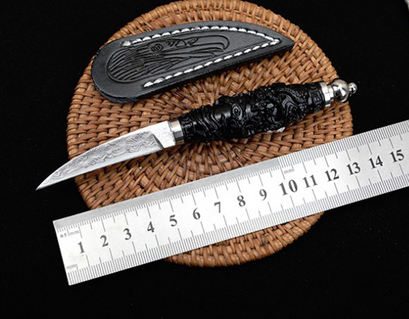 

1Pcs High End Small Damascus Straight Knife VG10 Damascuss Steel Blades Ebony Handle Fixed Blade Knives With Leather Sheath