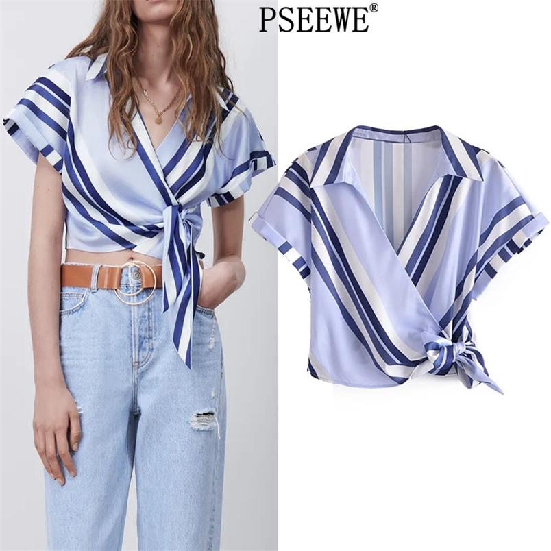 

Blue Striped Crop Top Women Shirt Fashion Knot Wrap Short Sleeve Satin Woman Casual Chic Summer Blouse 210519