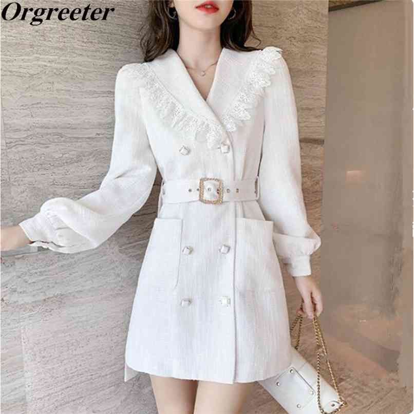 

Temperament OL Short White Tweed Dress Autumn Lace Trim Notched Double breasted Lantern Sleeve Blazer Dresses Women 210602