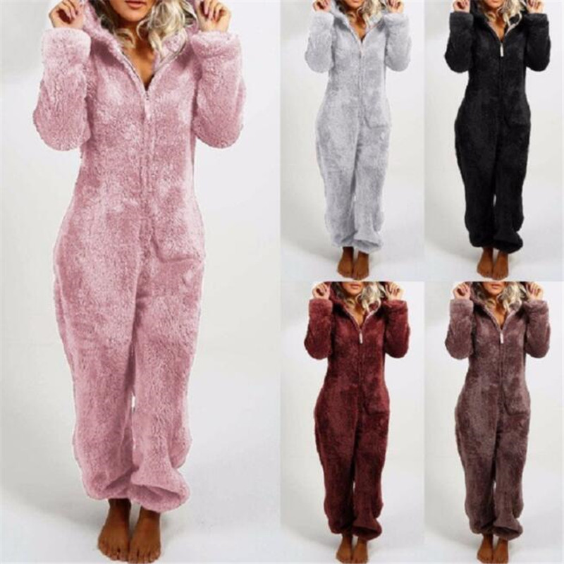 

Winter Warm Pyjamas Women Onesies Fluffy Fleece Jumpsuits Sleepwear Overall Plus Size Hood Sets Pajamas For Women Adult, Clear