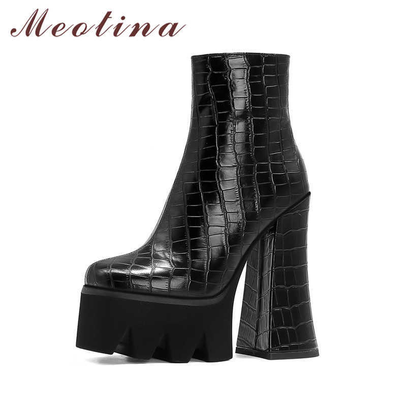 

Meotina Women Ankle Boots Shoes Platform Extreme High Heel Short Boots Round Toe Block Heels Zip Ladies Fashion Boots Winter 43 210608, Black