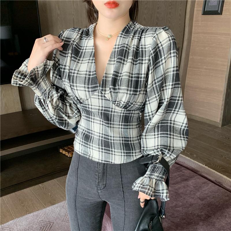 

Women's Blouses & Shirts Ladies Casual Plaid Tops And Female Fashion V-Neck Elegant Women Spring Lantern Sleeve Blusas Mujer, Black