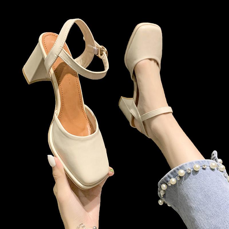 

Dress Shoes Women Heels Sandals Women's Summer 2021 Heel Shoe Button Girl's High Chaussure Femme Zapatos Mujer, Beige
