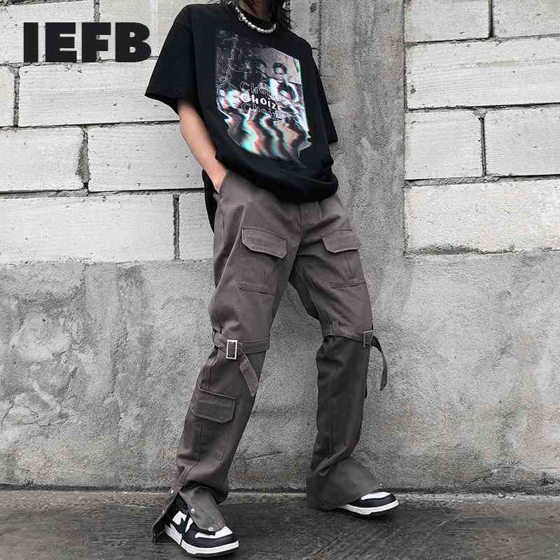 

IEFB Multi Pocket Overalls Men's Breasted Straight Pants High Street Functional Causal Pants Men's Wear Button 9Y5724 210524, Black