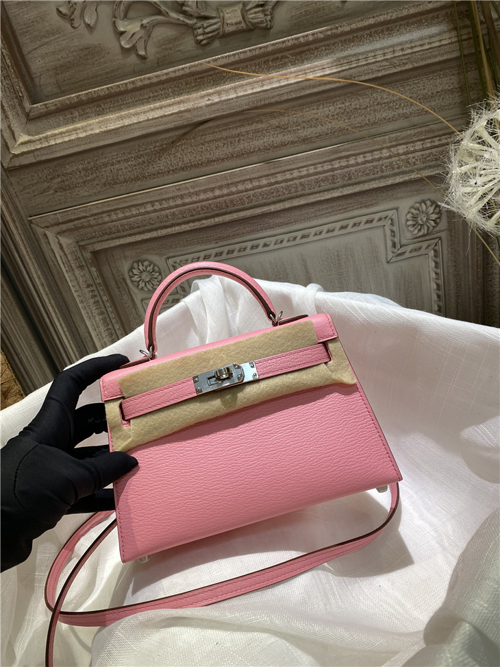 

Wax thread fully bag hand-stitched H home mini messenger mini2 generation 1Q milkshake powder silver buckle cowhide, Pink