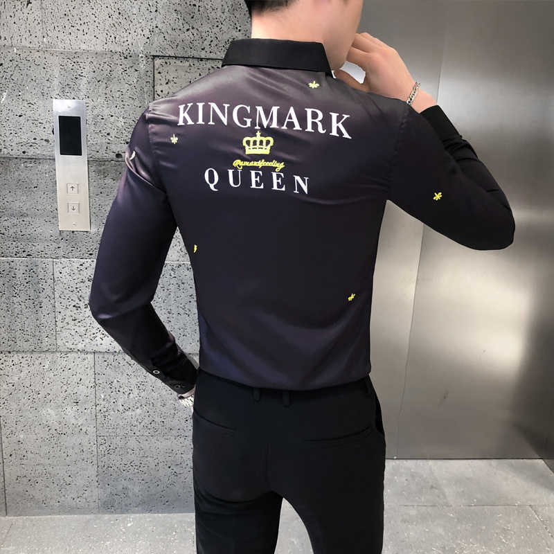 

Crown Embroidery Men Shirts Long Sleeve Business Formal Dress Shirts Casual Slim Fit Shirt Streetwear Camisas Para Hombre 210527, Gray