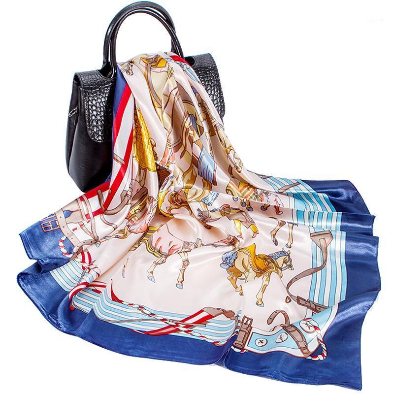 

Scarves Luxury Women Fashion Imitate Silk Scarf Bandana Horse Training Print Shawl Hijab Head Neck Soft Satin Turban 35"*35", Blue;gray
