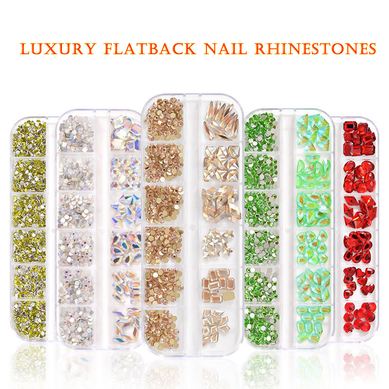 

2021 Luxury Flatback Nail Art Glass Rhinestone Mixed Size 12 Grid Set Crystal Flat Diamond AB Rhinestones Color Shiny Nails 3D Tip Decoratio, Silver;gold