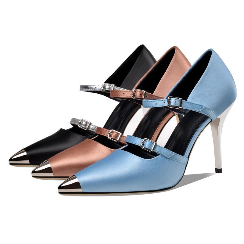 

Pumps Women Buckle Strap Metal Pointed Toe High Heels Wedding Shoes Fashion Ladies Party Zapatos De Mujer Dress, Black