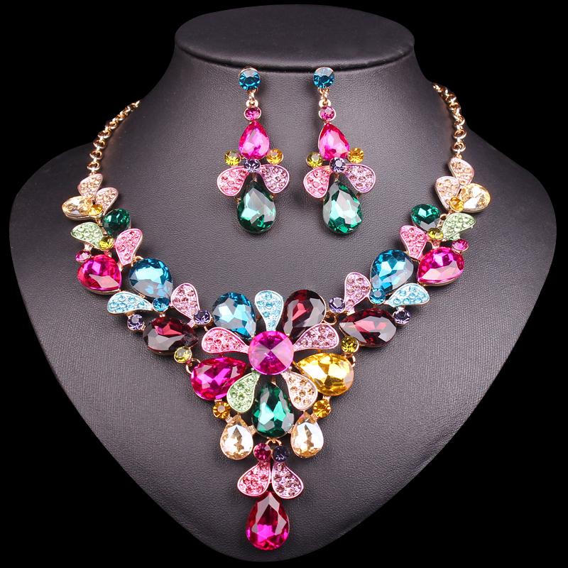 

Earrings & Necklace Fashion Crystal Gold Color Sets Bridal Jewelry For Brides Wedding Party Costume Accessories Women, As pic