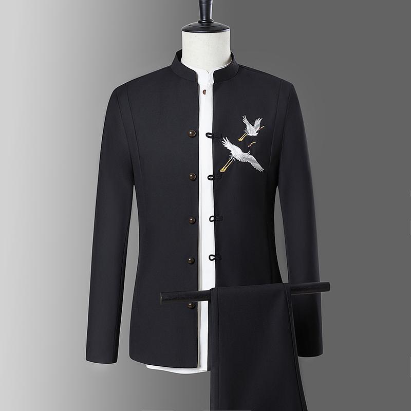 

Men's Tracksuits Mao Suit Chinese Style Tang Jackets And Pants Mandarin Collar Mens Zhongshan Sets Tops Trousers Stand Tunic Suits 5X, Black