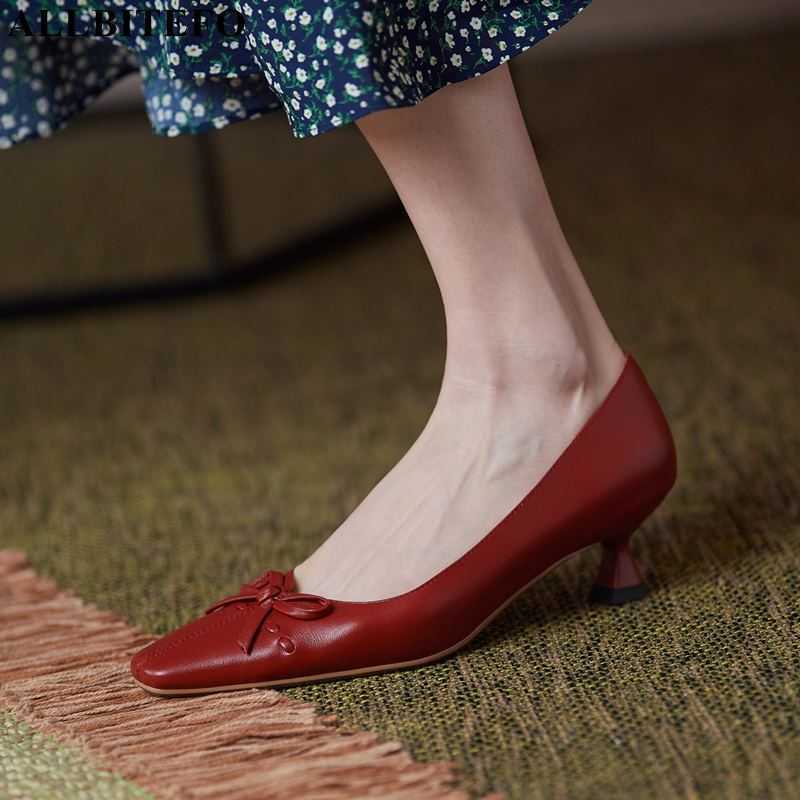 

ALLBITEFO sweet bowtie genuine leather brand high heels wedding women shoes square toe women heels shoes high heel shoes 210611, As picture