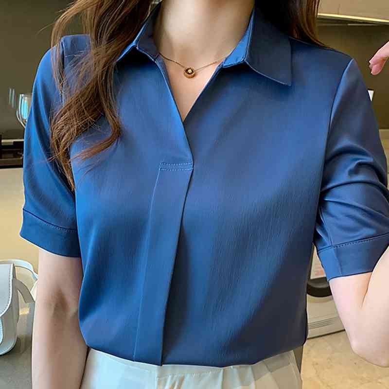 

Blusas Blouses Femme Short Sleeve Tops Women Blouse Women Blusas Mujer De Moda Turn Down Collar Chiffon Blouse Shirt E689 210602, Blue