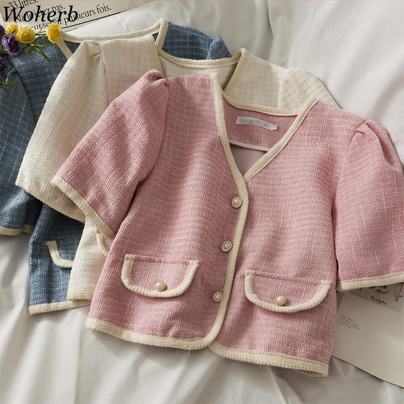 

Women's Blouses & Shirts Woherb Korean Vintage Women Plaid Coat Summer Short Sleeve V-neck Single Breasted Pockets Ladies Fashion Jacket Top, Blue