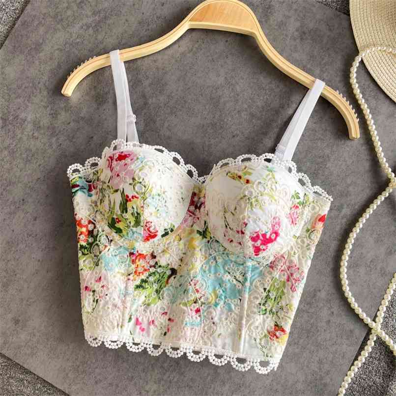 

Tube top Printed Lace Camisole Women's Top Summer 3D Cup Beach Outerwear Sexy Bra Bodice Short Embroidery Suspender Vest 210602, Multi