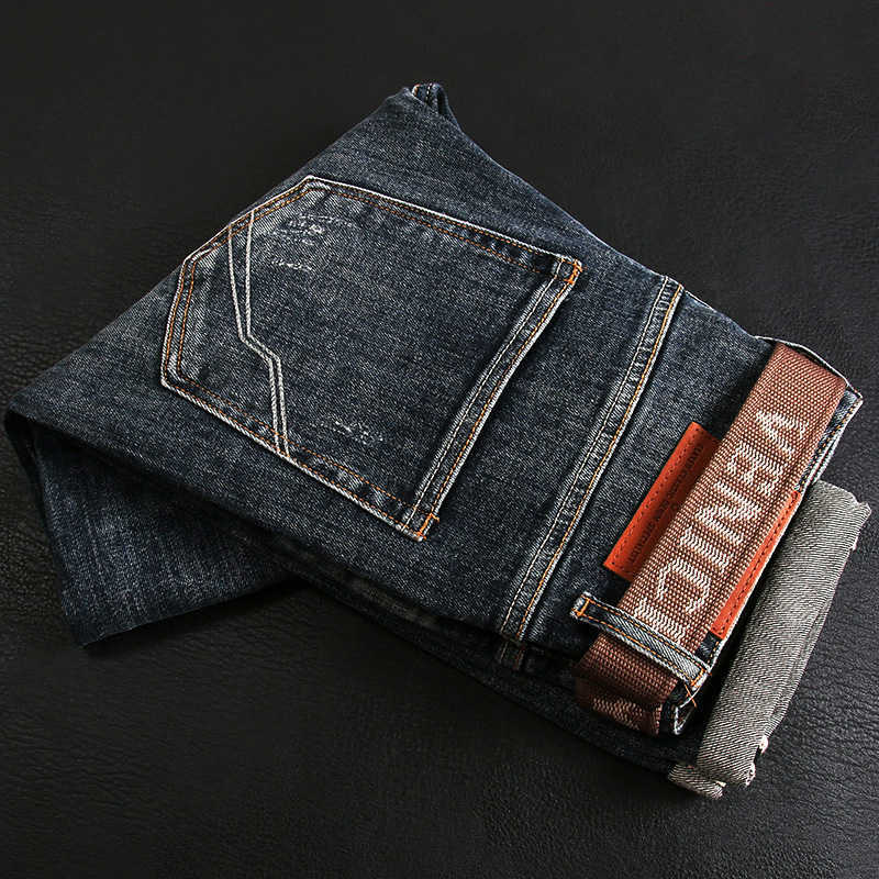 

European Vintage Fashion Men Jeans High Quality Retro Blue Elastic Designer Slim Classical Simple Casual Denim Pants, Retro dark blue