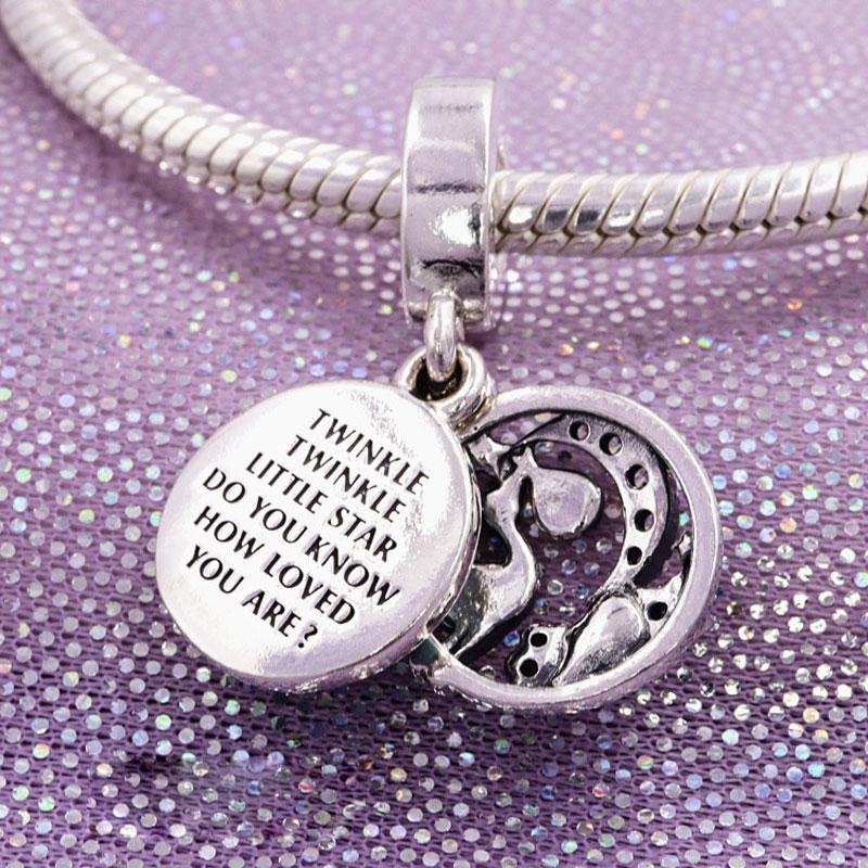 

925 Sterling Silver Stork & Twinkling Stars Dangle Pendant Charm Bead For European Jewelry Charm Bracelets