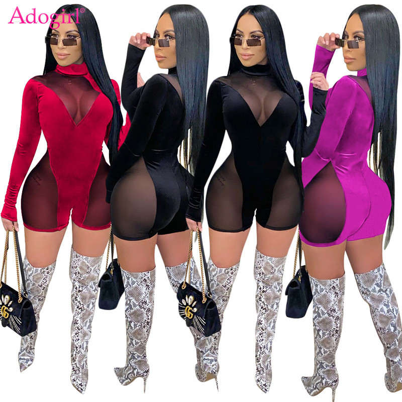 

Adogirl Women Sexy Sheer Mesh Patchwork Velvet Jumpsuit Turtleneck Long Sleeve Skinny Shorts Romper Fashion Night Club Playsuit, Black jumpsuit