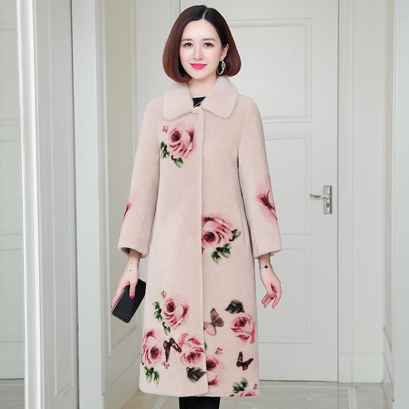 

Women's Fur & Faux 2021 Sheep Sheared Single Breasted Jacket Medium Long Rose Printed Wool Mink Collar Coat Double-faced, Black