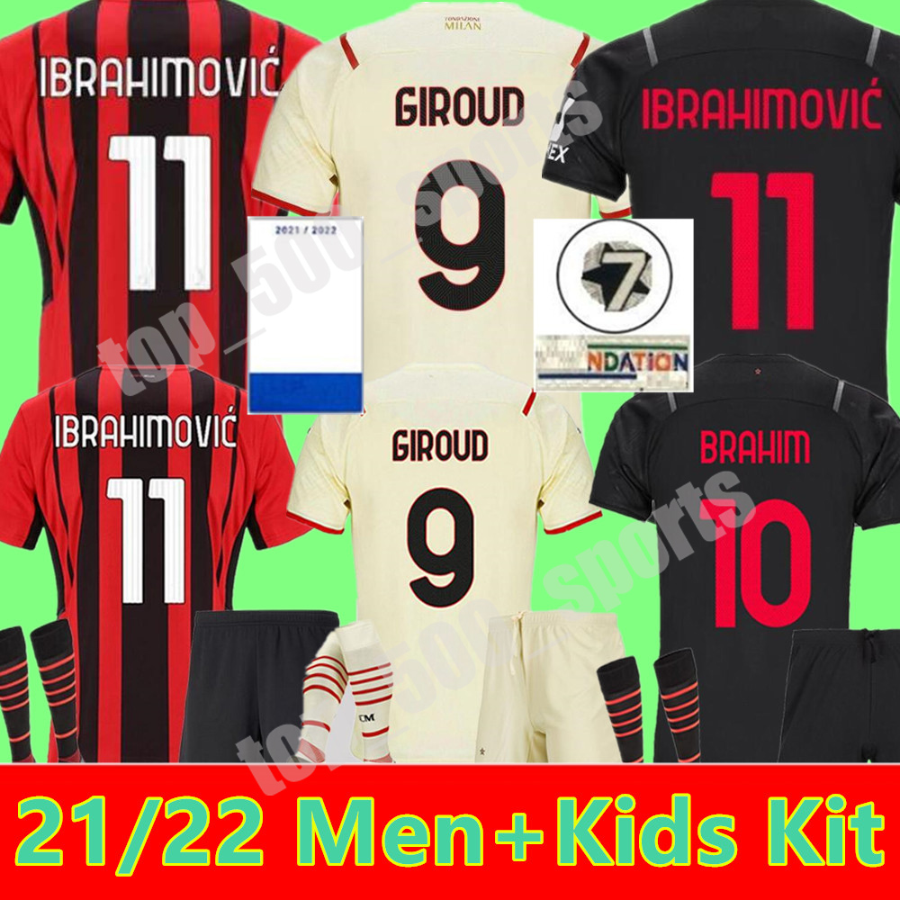 

Men + Kids kit 21 22 GIROUD AC milan soccer jersey home away MAIGNAN IBRAHIMOVIC KESSIE football shirt 2021 2022 TONALI PAQUETA BENNACER REBIC Camiseta de futbol KJÆR, 3rd+champions patch adult