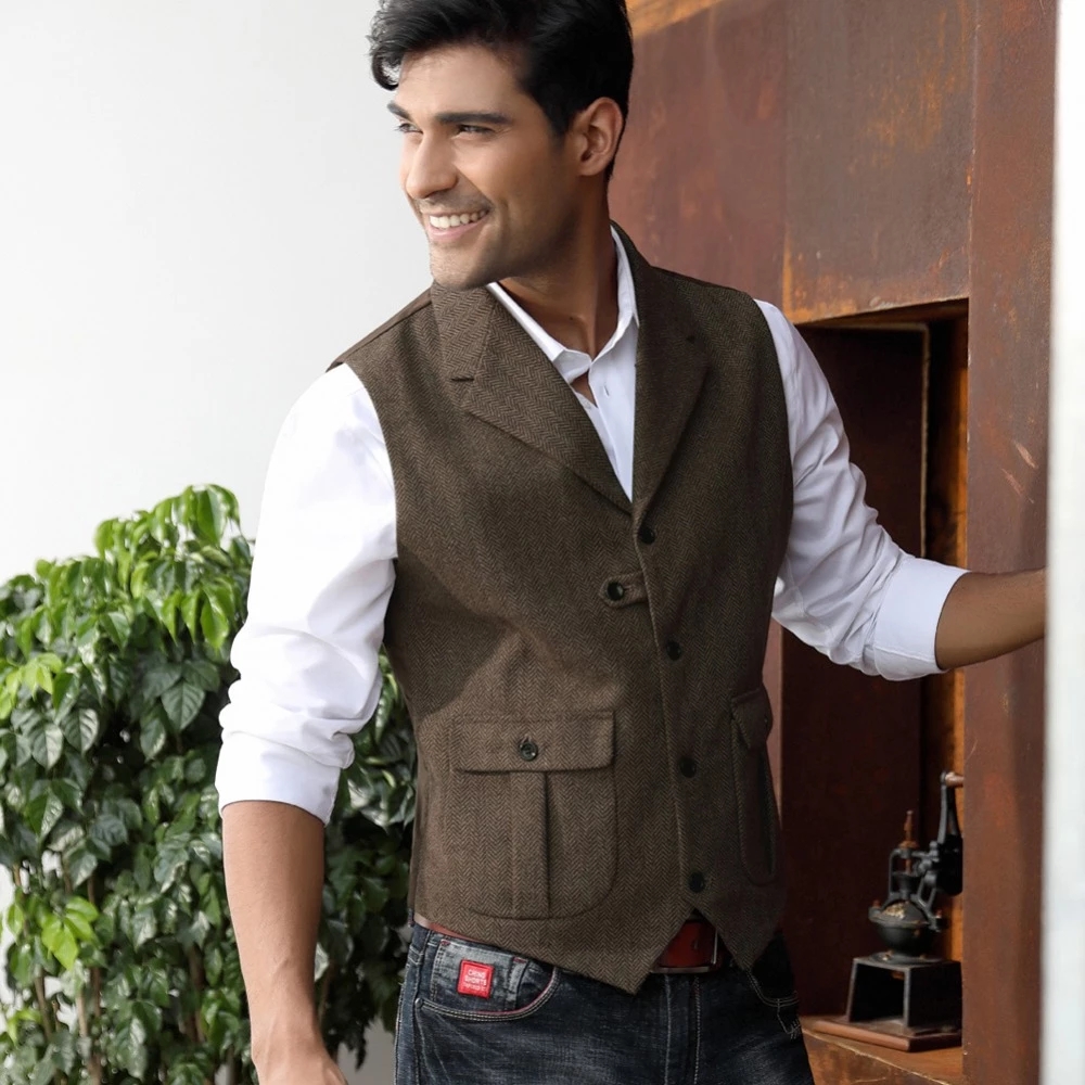 

Men  Suit Vest Red Burgundy Lapel Herringbone Wool Retro Waistcoat Slim Fit Casual Formal Business Groomman For We, Same picture color