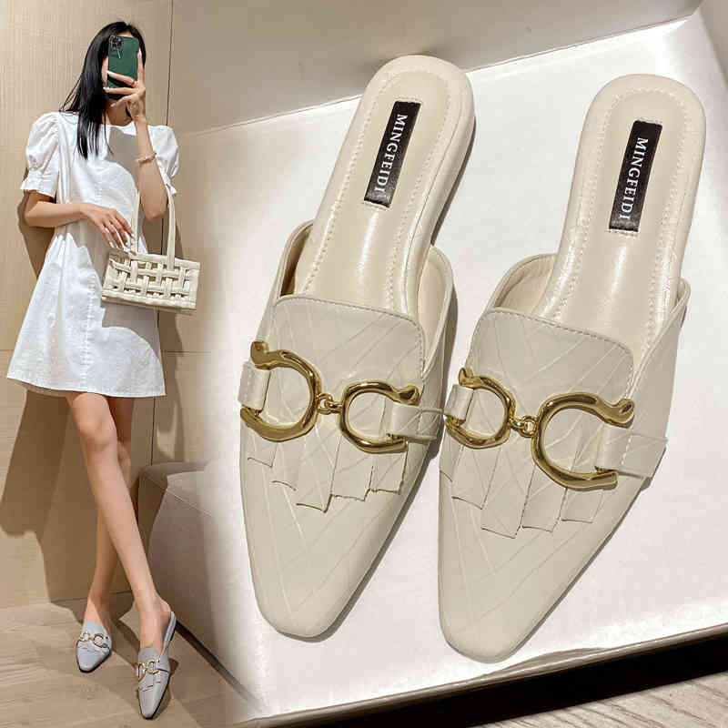 

Size 33~43 Summer Women Mules Flats Sexy DD Buckle Pointed Toe Flat Mules Female PU Leather Soft Comfortable Slippers 210520, 6188-6-beige