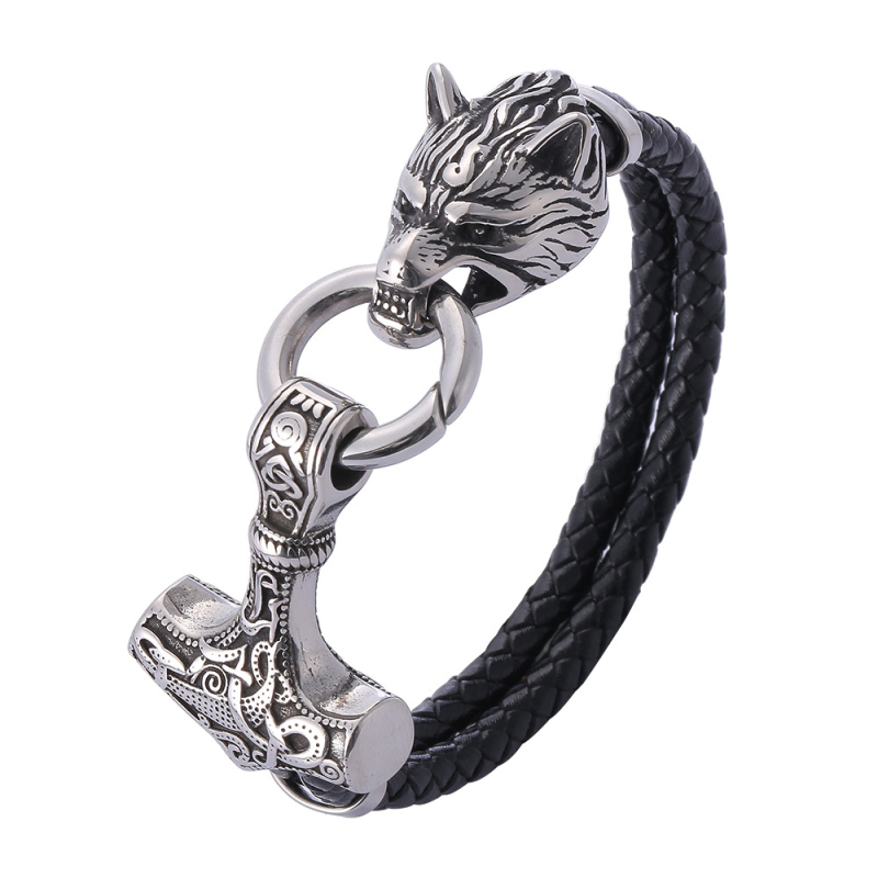 

Men Jewelry Antique Silver Plated Titanium Steel Wolf Head Charm Genuine Leather Bracelet