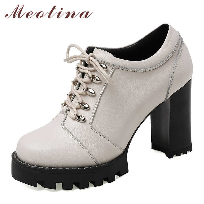 

Meotina Natural Genuine Leather Women Shoes Extreme High Heels Platform Block Heel Pumps Lace Up Female Footwear Beige Size 40 210608, Black