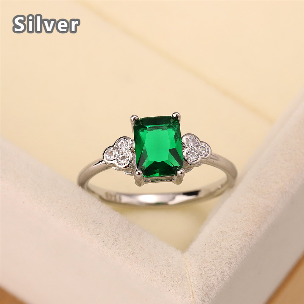 

Best selling European and American fashion S925 silver green ring zircon lucky square crystal jewelry lady gift