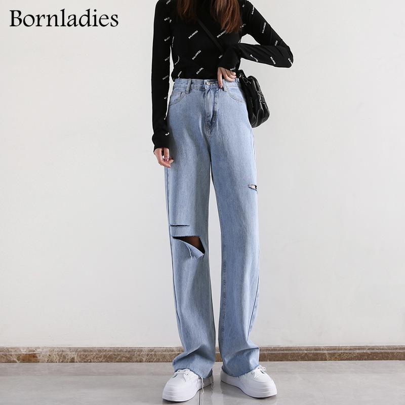 

Women's Jeans Bornladies Women Tassel Ripped Hole Denim High-waist Wide Leg Straight Pants Female Vintage Streetwear Long Trousers, Blue
