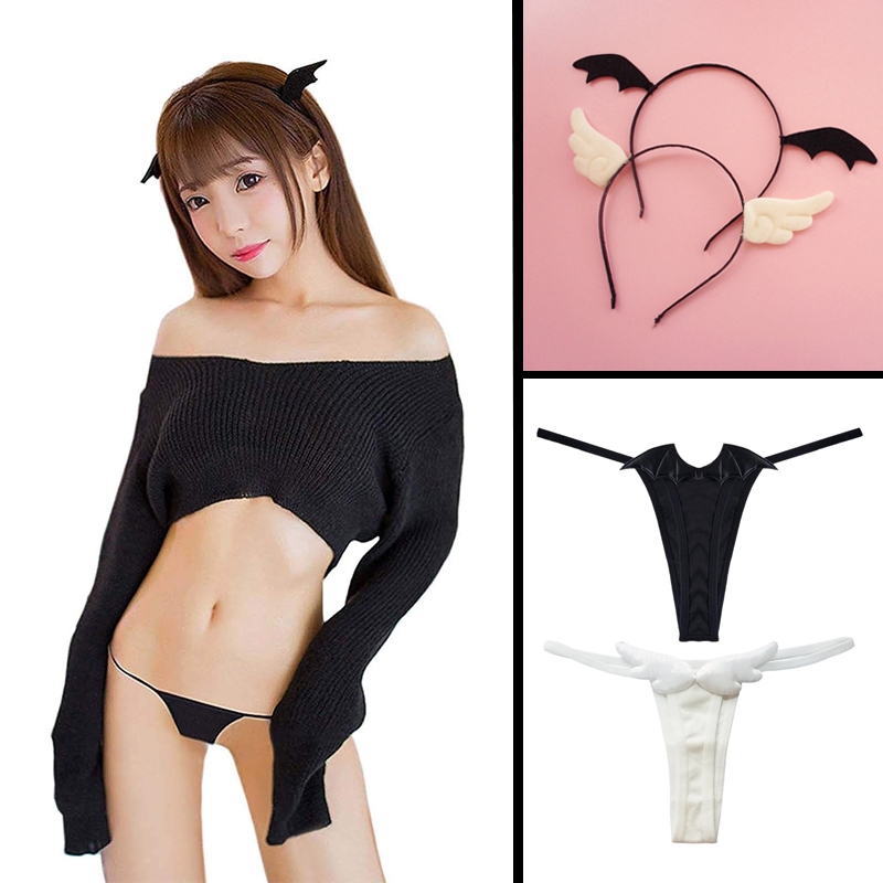 

Womens Devil Angel Cute Anime Cosplay Fancy Dress Lingerie Set with Pantie and hairband Sexy costumes Japanese kawaii top set., Red