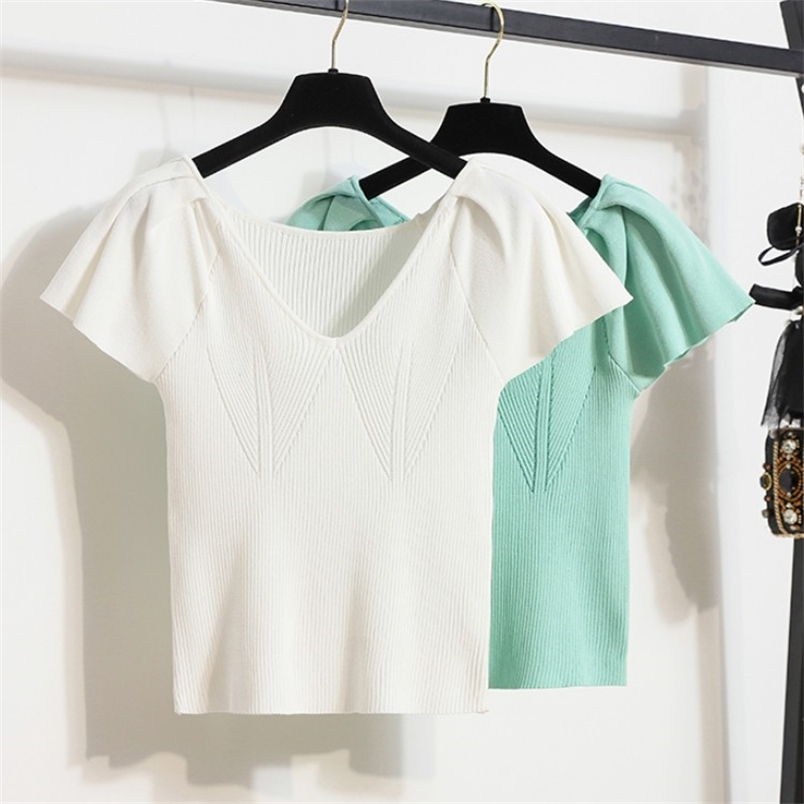 

Korean Women V-Neck Knitted Petal Sleeve Sexy T-Shirts Crop Tops Girls Knitting Stretchy Cropped Sheath Tee Shirts Female 210519, Photo color