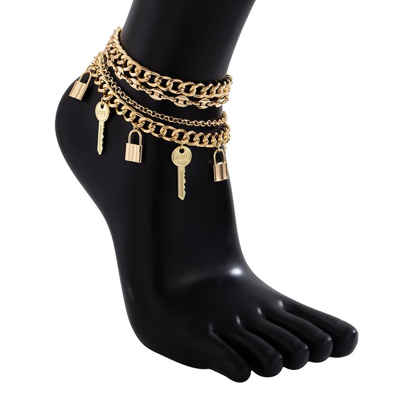 Retro diamond lock key hand anklets set Metal beach multi-layer pearl yoga bohemian designer hollow combination handmade chain alloy rhinestone a