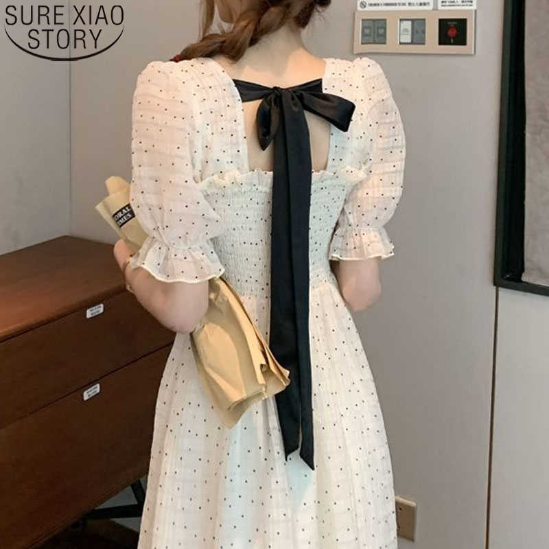 

Floral Sweet Dress Summer Short Sleeve Chiffon Elegant Dresses Korean Square Collar Party Dress for Female Dot 14596 210527, Beige