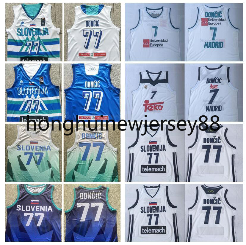 

Real Madrid Euroleague Europe Basketball 7 Luka Doncic 77 Slovenia National Team Jersey Men Blue White Away Color Breathable Shirt For Sport Fans Top Quality