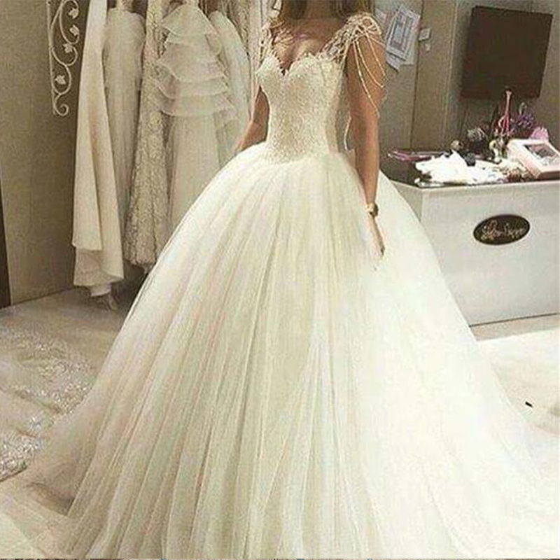 

ZJ9082 Sexy High Quality Lace Bride Dresses A-Line Elegant White Ivory Beaded Wedding Dress Pearls Sleeve