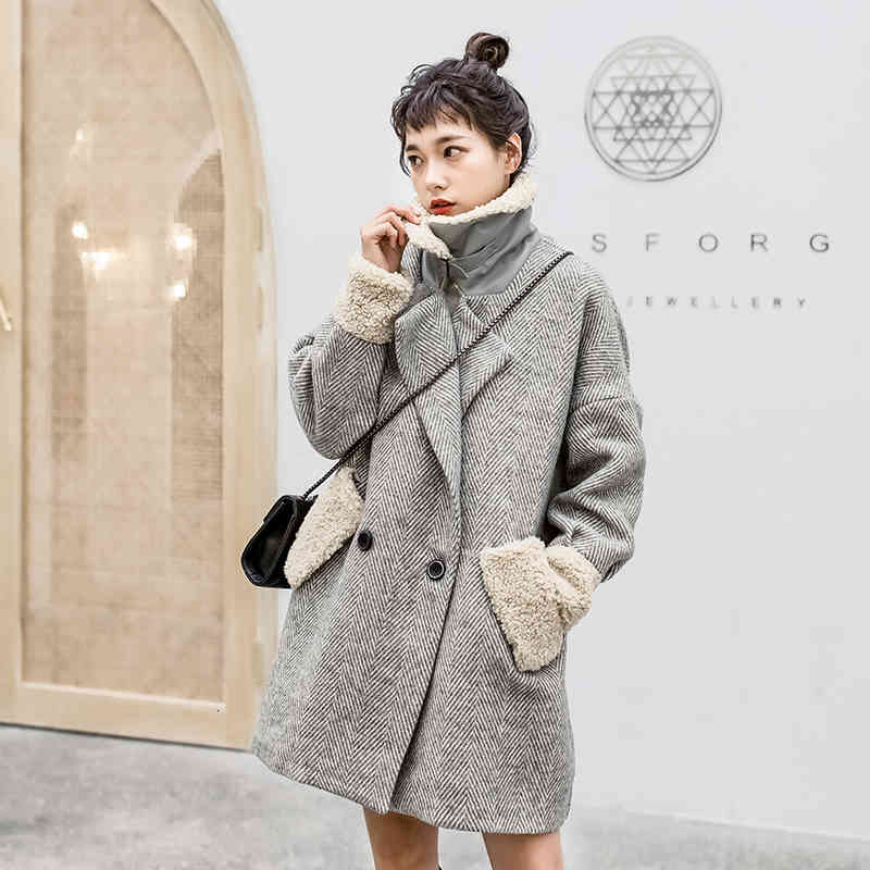 

Women's Wool & Blends wool coat double breasted winter mid-length thick fur collar of lamb grey jackets jk215 TZ18, 1# shoe box