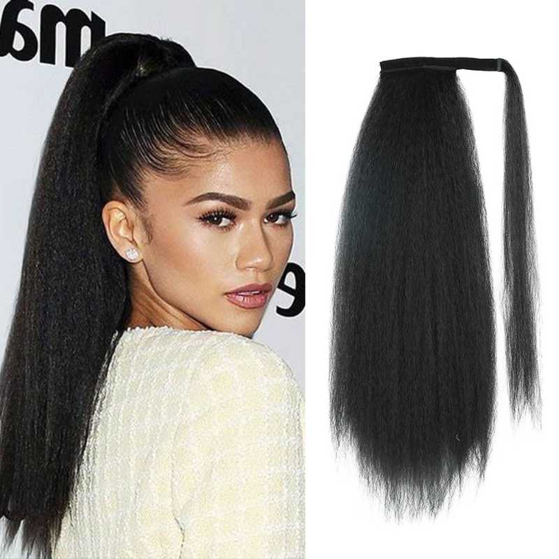 

Synthetic Wigs Yaki Straight Ponytail 22" Long Wrap Drawstring Kinky Clip In Pony Tail Afro Puff, #1b