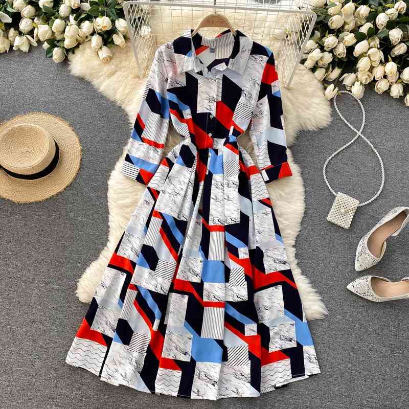 

Summer Runway Vintage Half Sleeve Shirt Style Dress Women Fashion Geometric Print Elegant Office Laies Work N66411 210603, Green6410