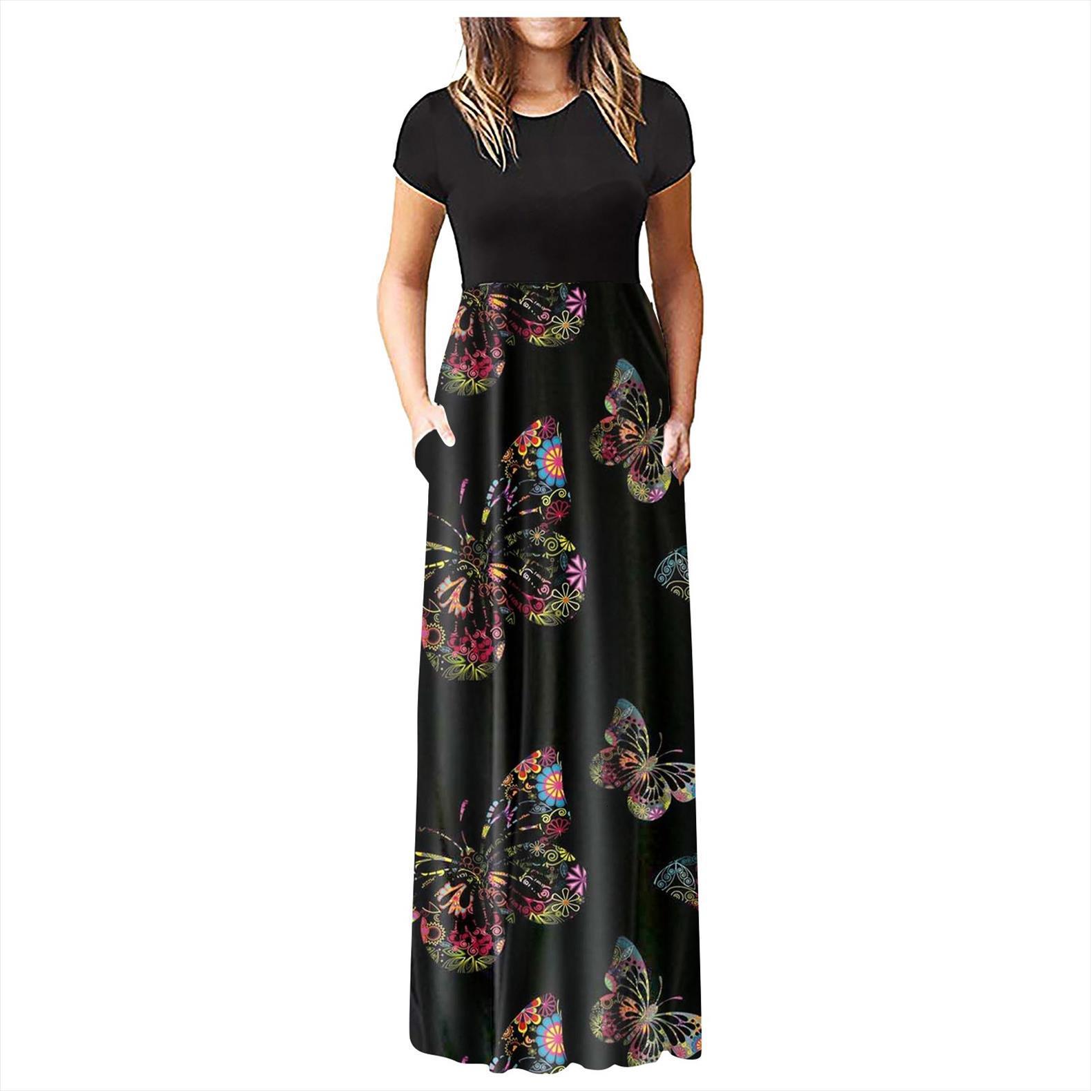 

fashion simple short sleeve womens dress round neck floral print ankle length women casual, Black;gray