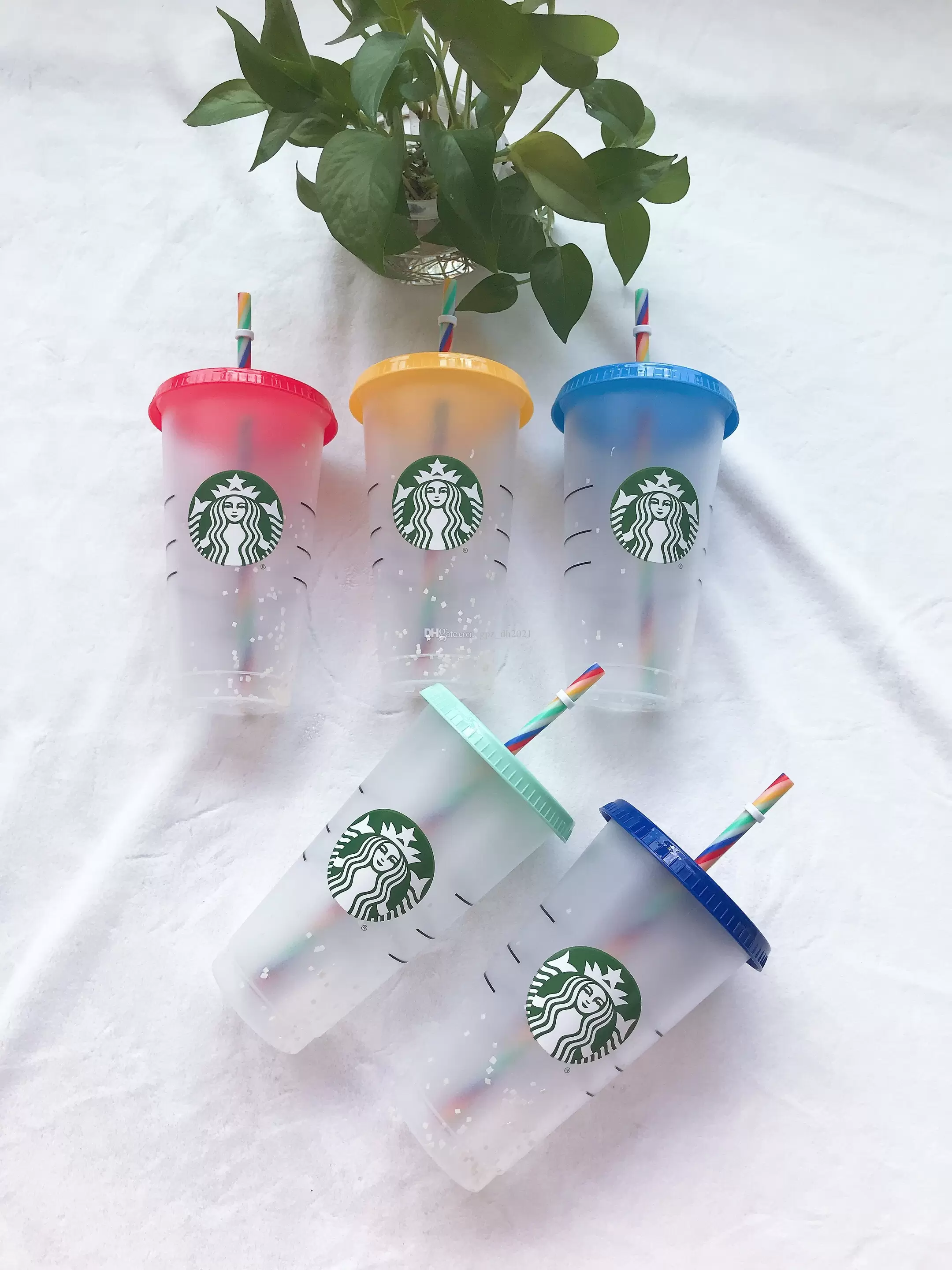 

Starbucks 24OZ/710ml Mug Cold color changing rainbow cup The Reusable Drinking Flat Bottom Pillar Shape Lid Straw Mug Bardian 5pcs, Multi-color