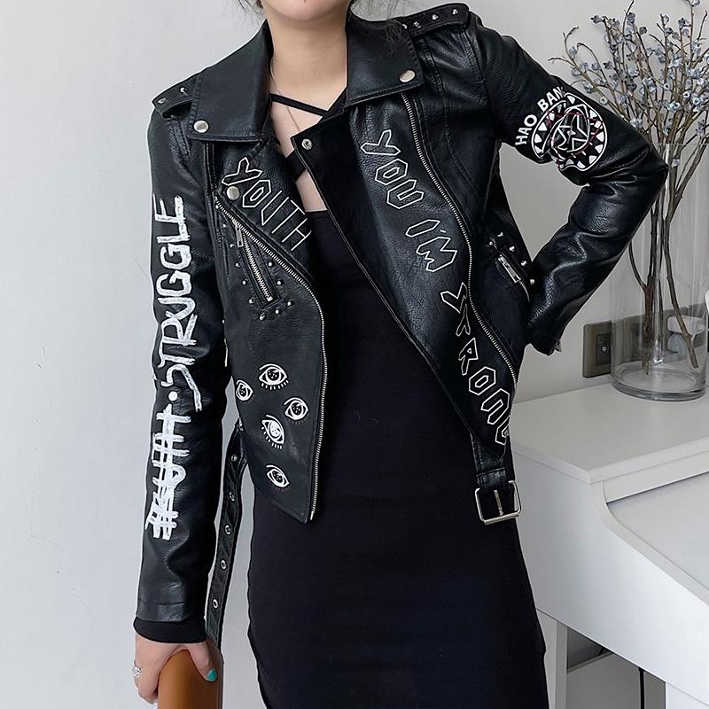 

Women's Leather & Faux FTLZZ Spring Autumn Moto Biker Rivet Short Coat Women High Street Jacket Graffiti Print Pu With Belt, Black