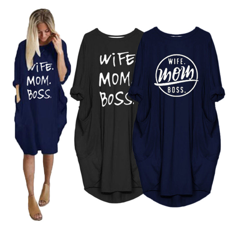 

Women Dress Fashion with Wife Mom Boss Letters Print Pocket Summer Autumn Vestidos Beach Plus Size Woman Black Clothes Solid Sundresses, D002m957-green
