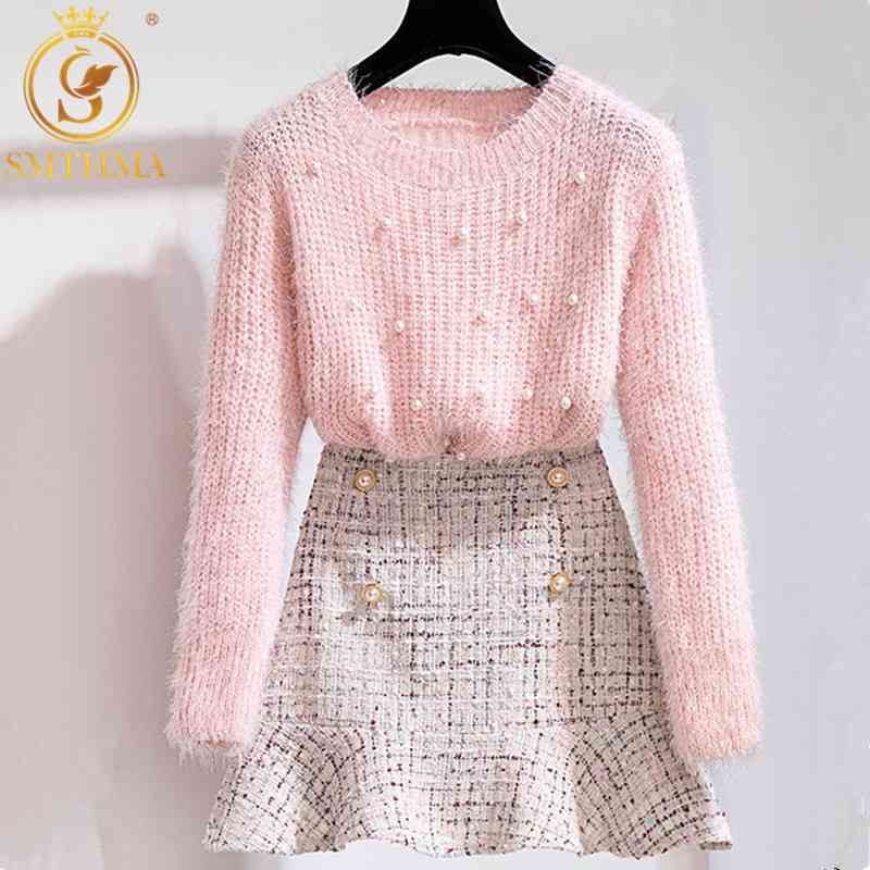 

Autumn Winter Two Piece Set Women Elegant Beading Knitted Sweater+High Waist Tweed Plaid Mermaid Skirt Ladies Outfits 210520