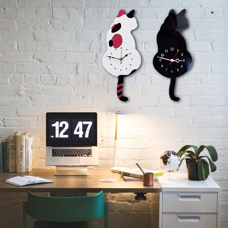 

Cute Cat Wall Clock Wag Tail Silence Home Decoration Kids Gift Black Clocks