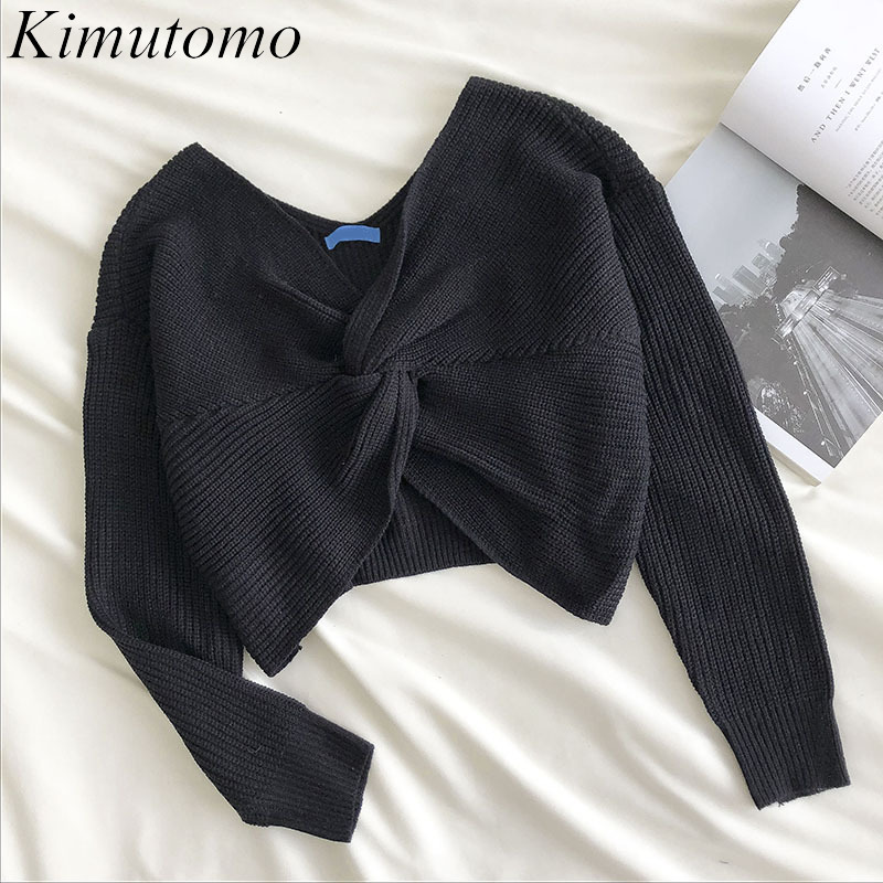 

Kimutomo Casual Expose Navel Knitted Sweater Women Spring Autumn Korea Chic Ladies V-neck Long Sleeve Short Pullover 210521, White