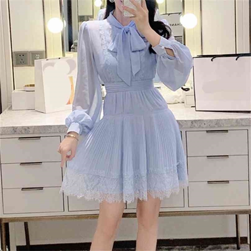 

Spring Blue Dress for Woman Elegant Bow Neck High Waist Clothing Vestido Long-sleeve Party Silk Mini Dresses 210603, Camel