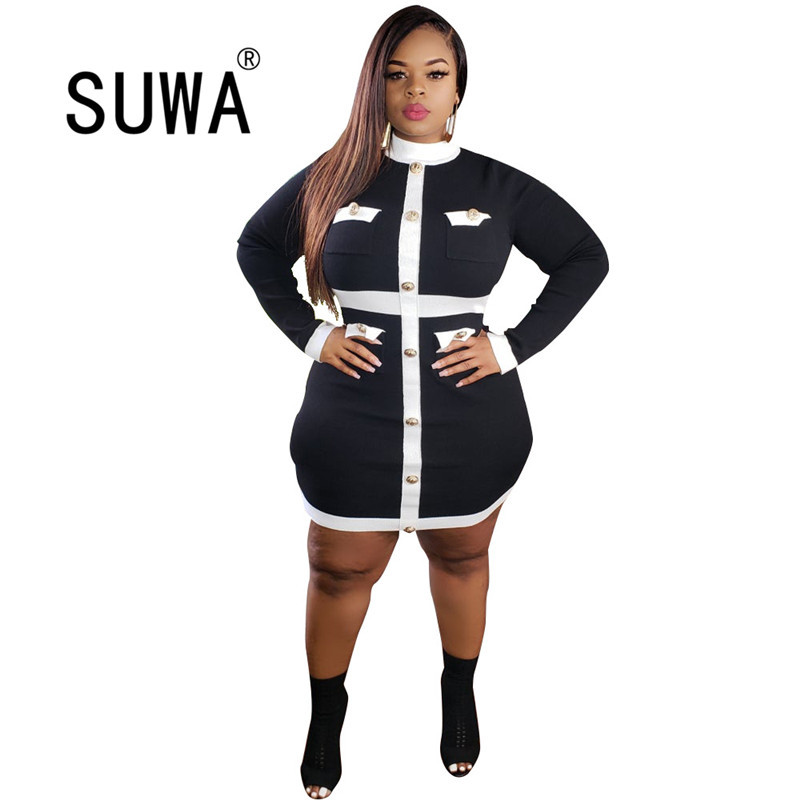 

Product Fashion Black White Patchwork Elegant Women Retro Style Long Sleeve Bodycon Dress Wholesale Plus Size Clothing 5XL 210525